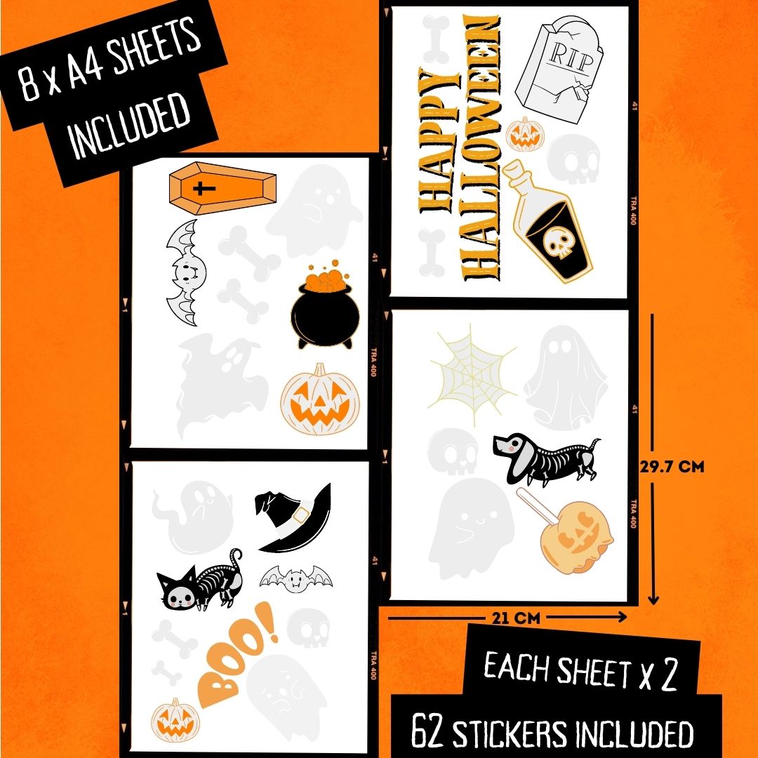 Haus Projekt 62 PCS Halloween Window Stickers, 8x A4 sheets, Reusable Halloween Window Decorations