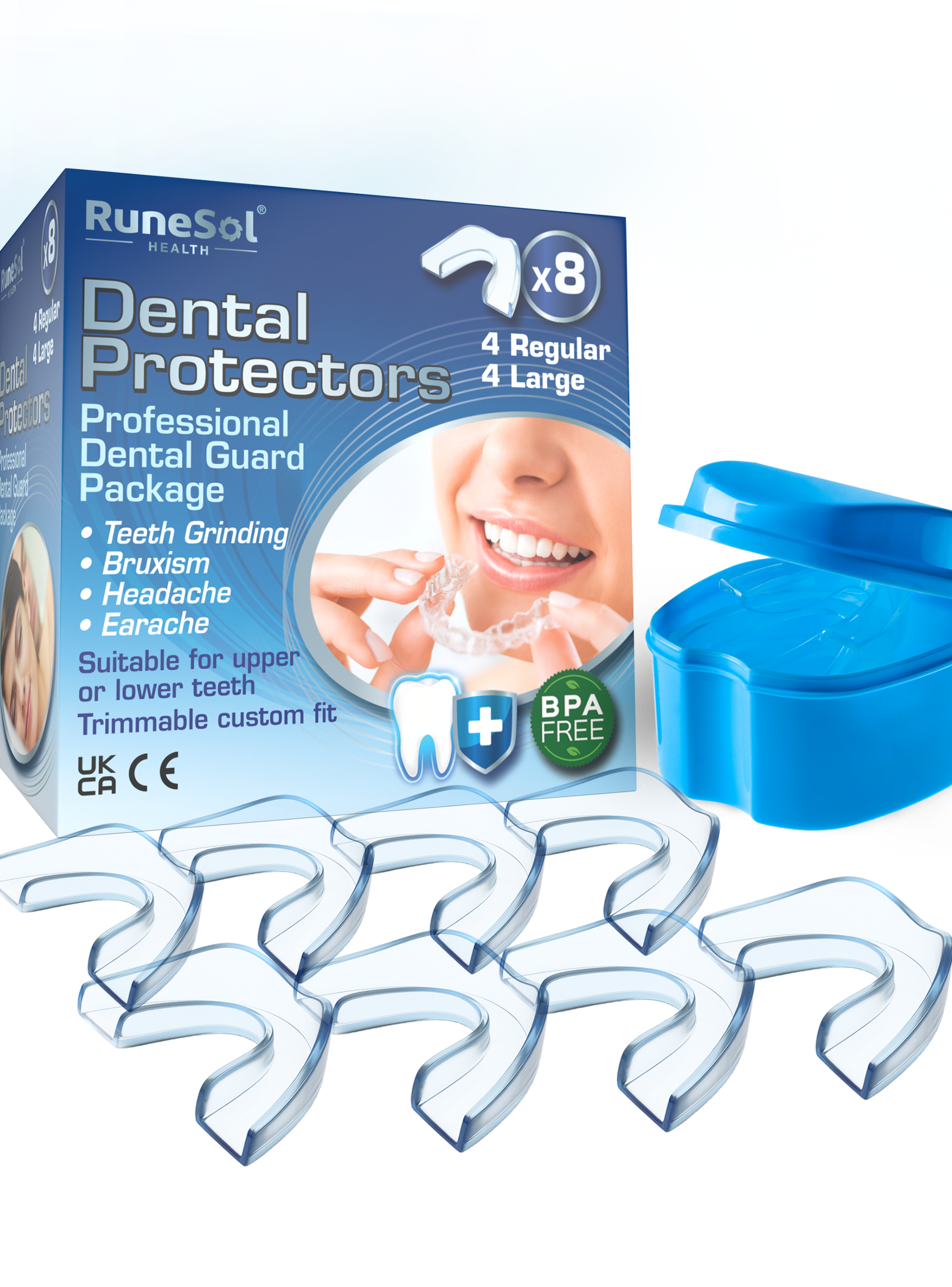 RuneSol 8 x UK Designed Teeth Sleeping Guards for Night Grinding, Class 1 Medical Device Accredited in The UK (UKCA) and EU (CE), BPA Free