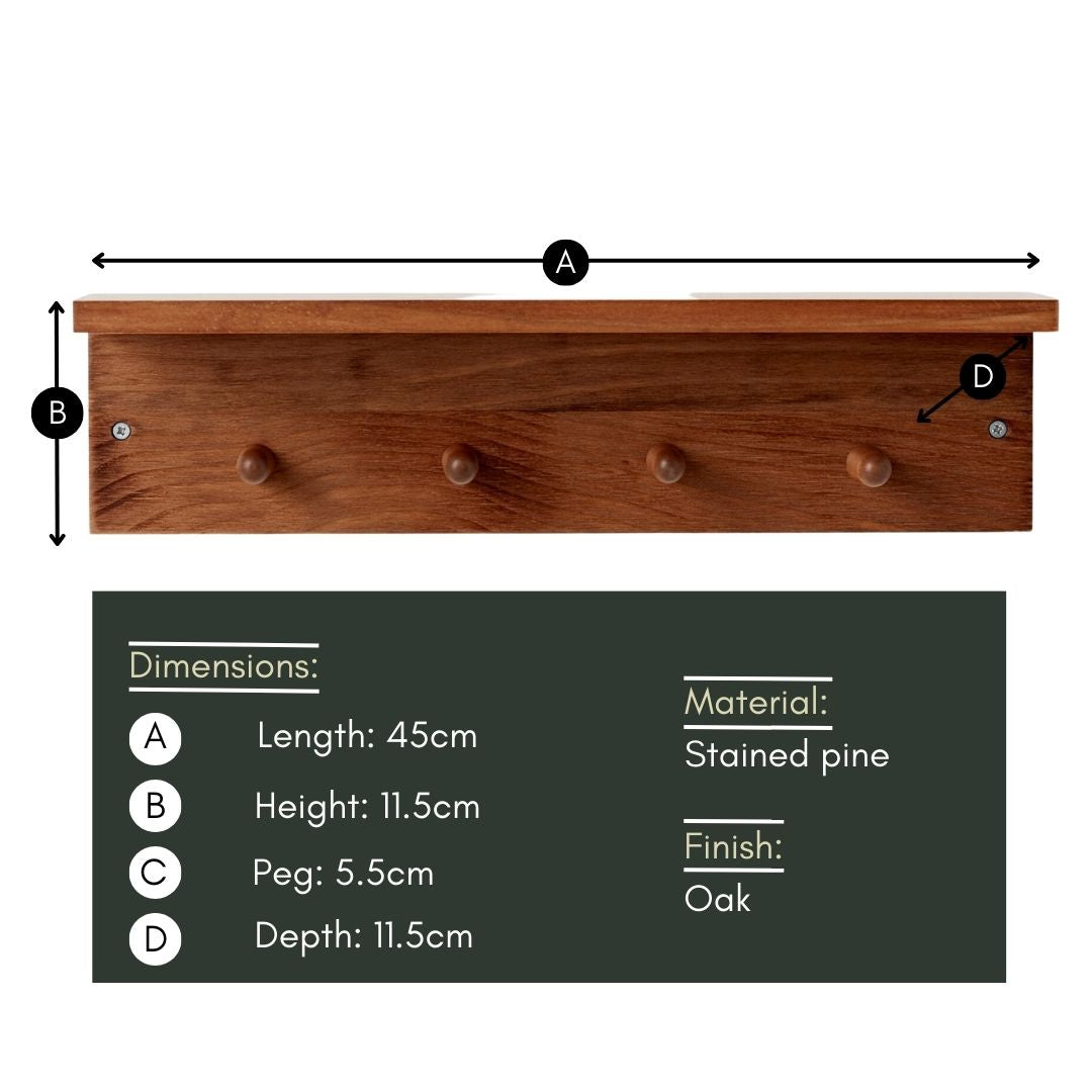 Haus Projekt Oak Stained Pine Shelf with 4 Pegs, 11.5H x 45W x 11.5D (cm)