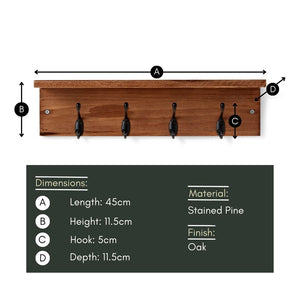 Haus Projekt Oak Stained Pine Shelf with 4 Black Hooks - 11.5H x 45W x 11.5D (cm)