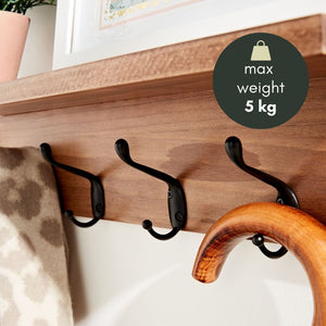 Haus Projekt Oak Stained Pine Shelf with 4 Black Hooks - 11.5H x 45W x 11.5D (cm)