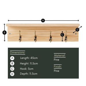 Haus Projekt Pine Shelf with 4 Brass Hooks - 11.5H x 45W x 11.5D (cm)