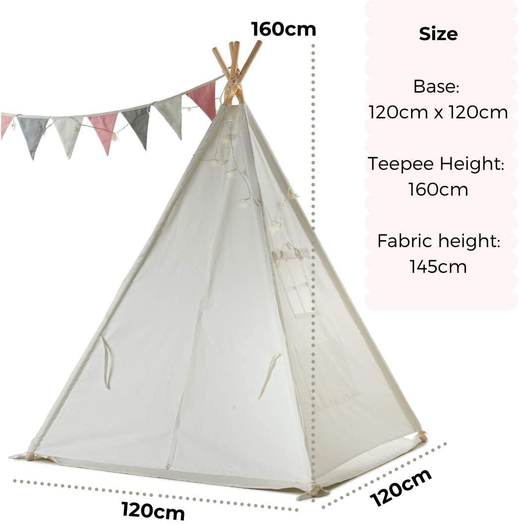 Haus Projekt Kids White Teepee Tent with Fairy Lights and Pink Bunting