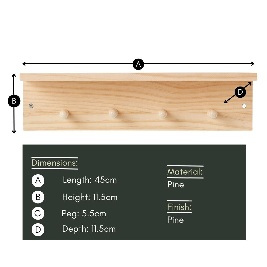 Haus Projekt Pine Shelf with 4 Pegs, 11.5H x 45W x 11.5D (cm)