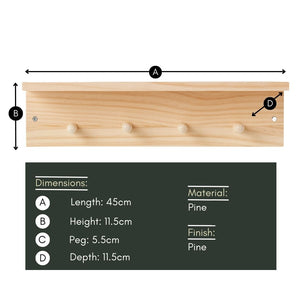 Haus Projekt Pine Shelf with 4 Pegs, 11.5H x 45W x 11.5D (cm)