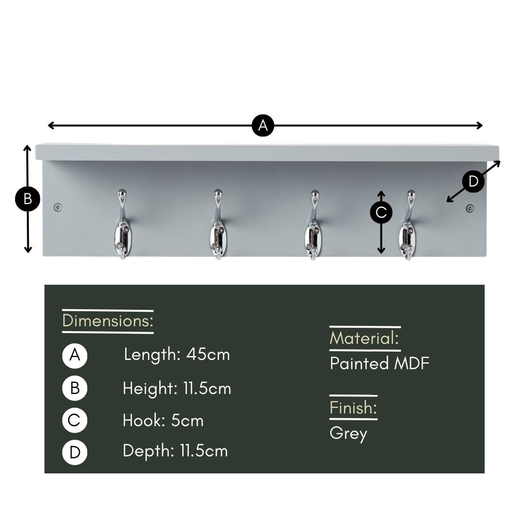 Haus Projekt Grey Shelf with 4 Silver Hooks - 11.5H x 45W x 11.5D (cm)