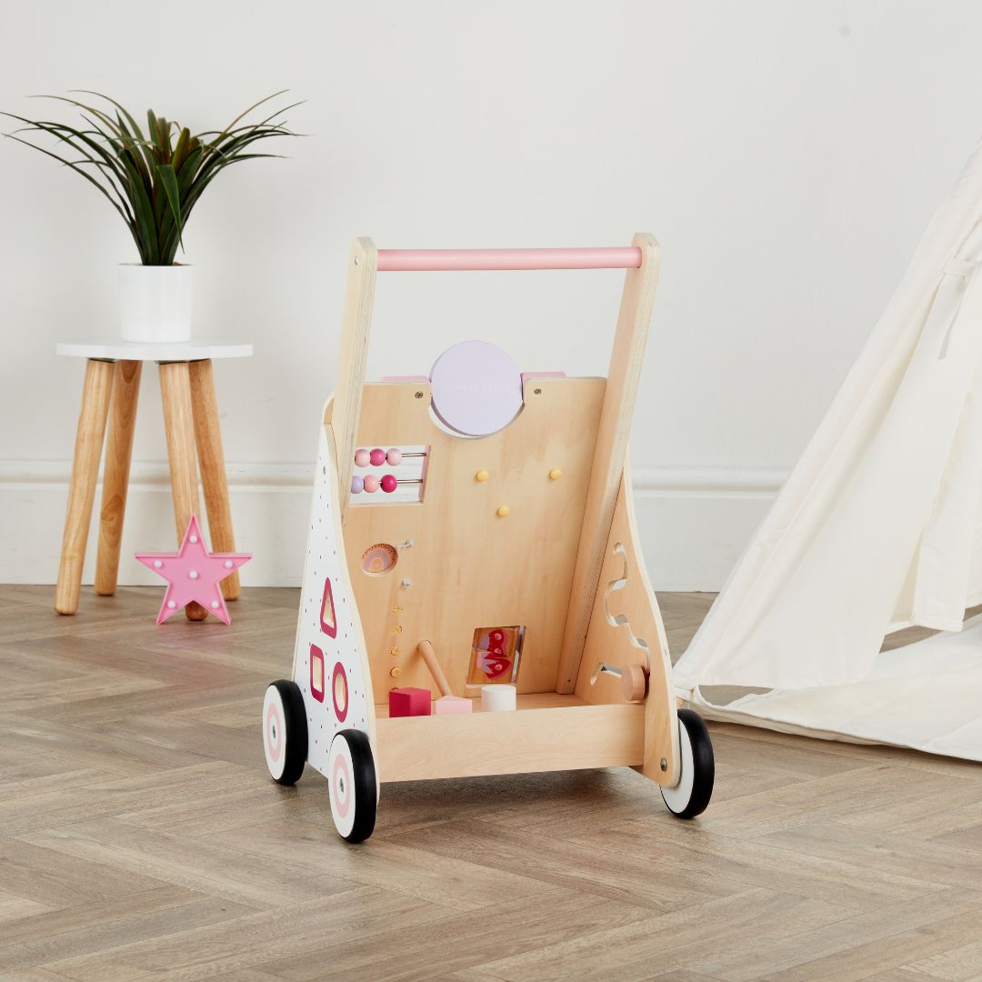 Haus Projekt Blossom Wooden Baby Walker, Activity Cart for Babies & Toddlers with Sensory Toys