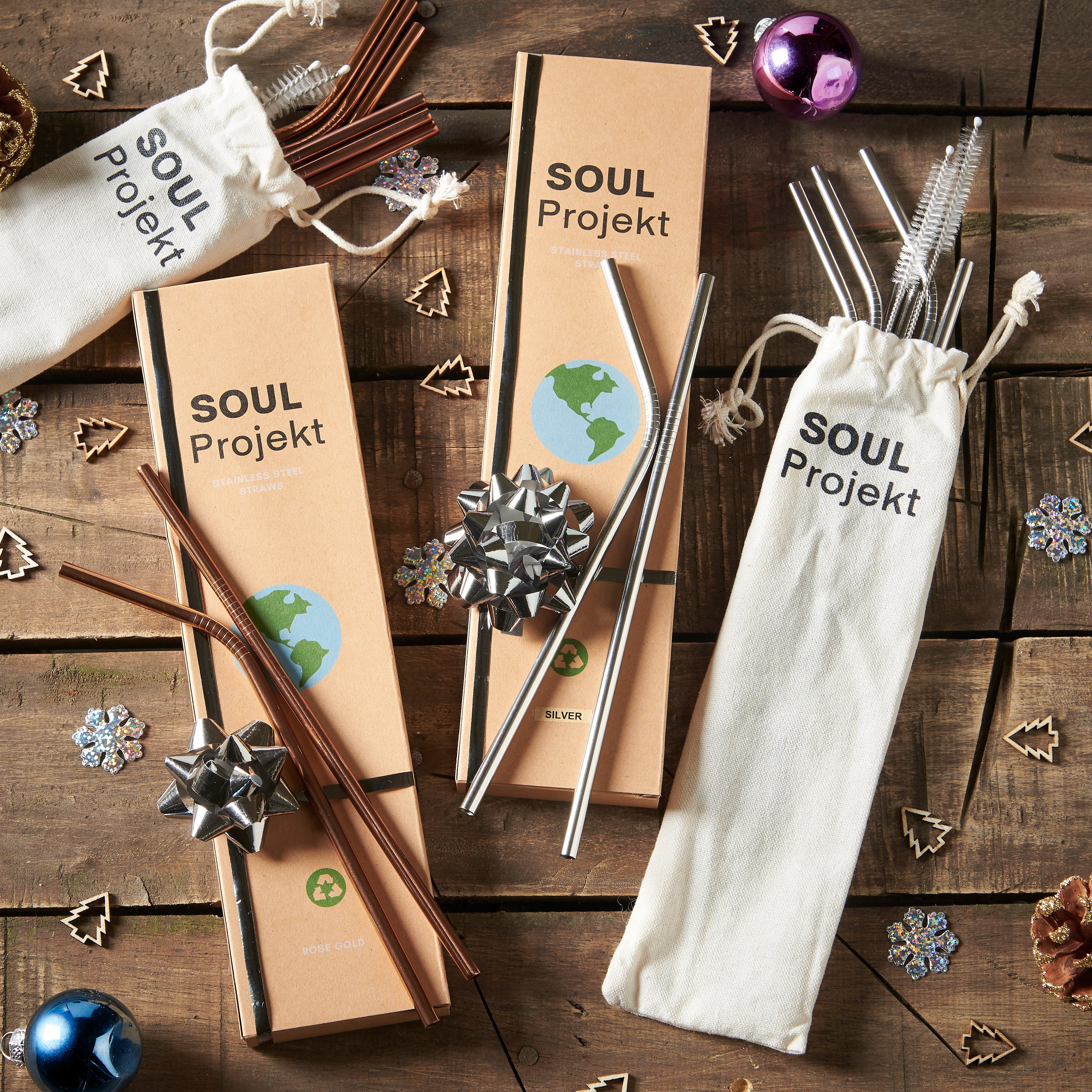 Soul Projekt 8x Rose Gold Reusable Stainless Steel Straws with 2 x Cleaning Brush and Gift Pouch