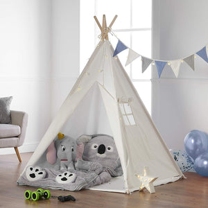 Haus Projekt Kids White Teepee Tent with Fairy Lights and Blue Bunting