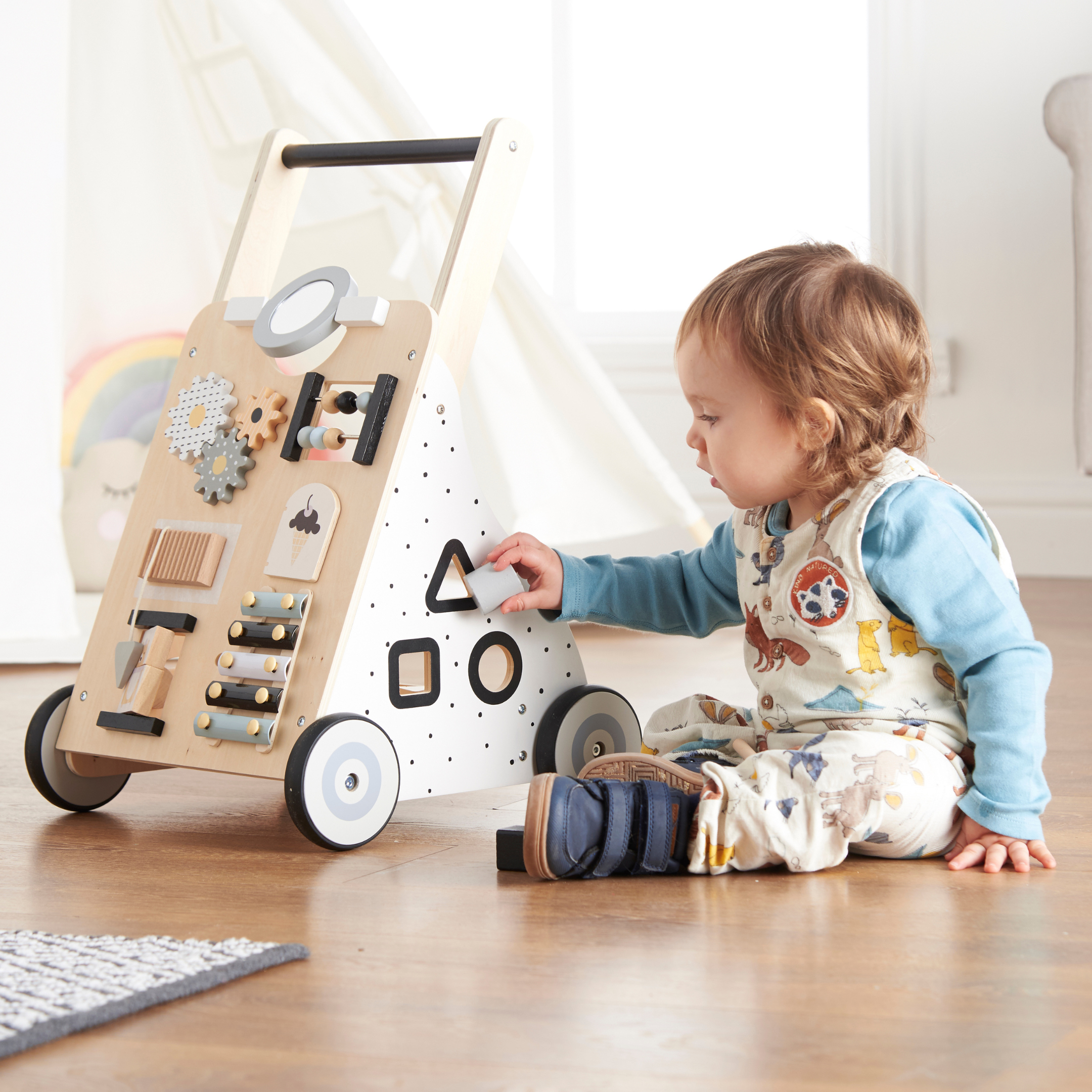 Haus Projekt Scandi Wooden Baby Walker, Activity Cart for Babies & Toddlers with Sensory Toys