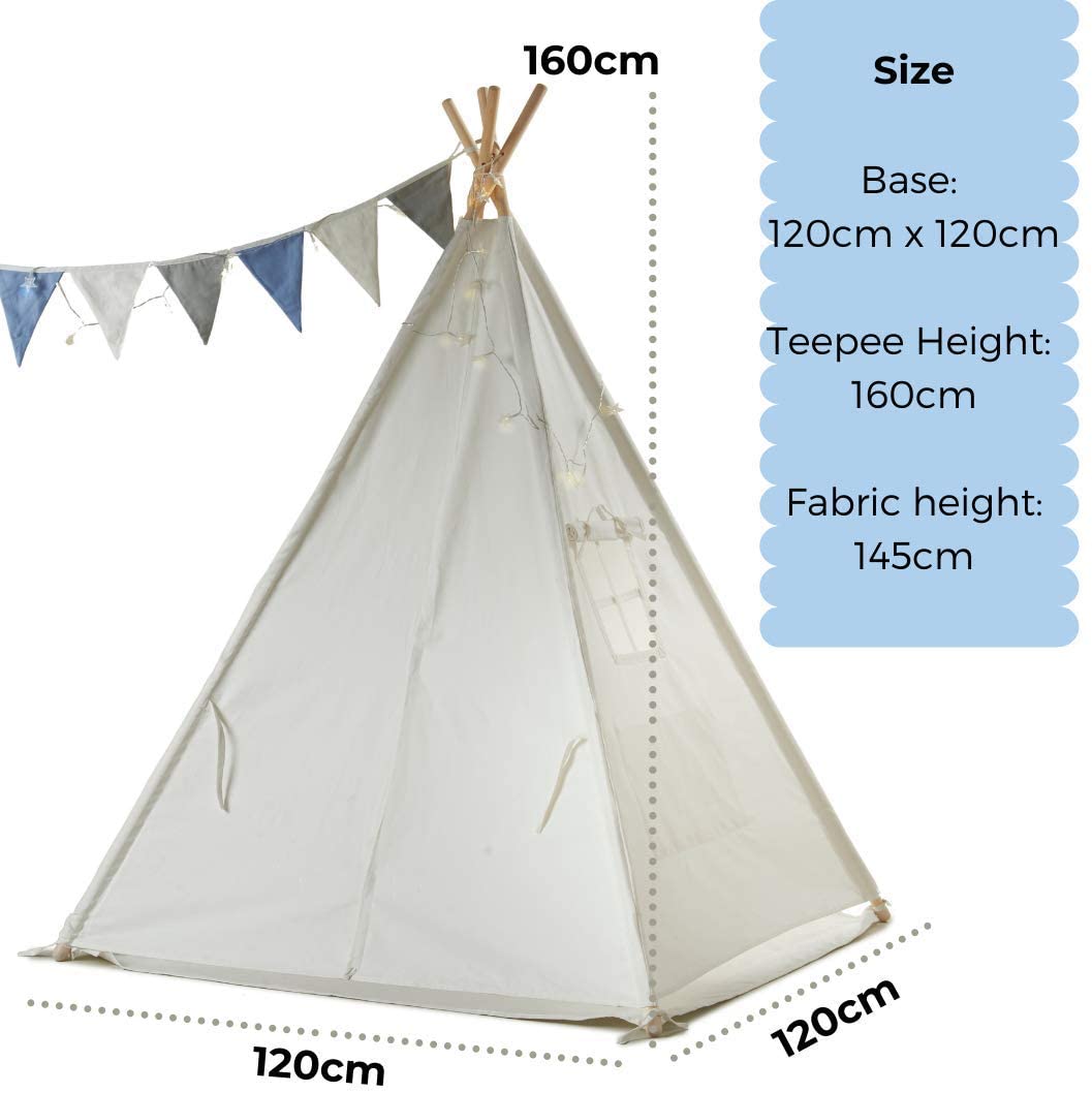 Haus Projekt Kids White Teepee Tent with Fairy Lights and Blue Bunting