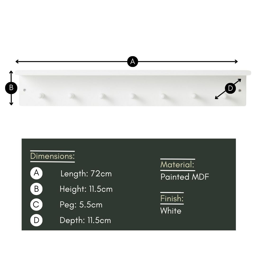Haus Projekt Wall Shelf with 7 Pegs, White, 72W x 11.5H x 11.5D (cm)