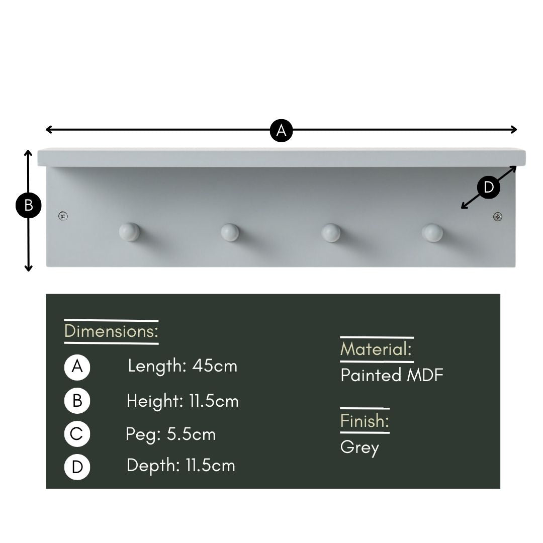Haus Projekt Grey Shelf with 4 Pegs, 11.5H x 45W x 11.5D (cm)