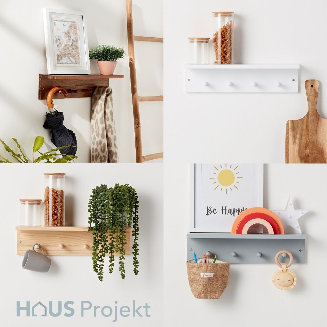 Haus Projekt Grey Shelf with 4 Pegs, 11.5H x 45W x 11.5D (cm)