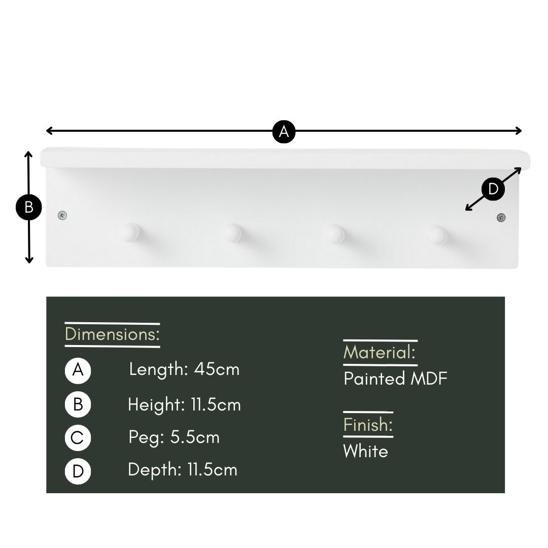 Haus Projekt White Shelf with 4 Pegs, 11.5H x 45W x 11.5D (cm)