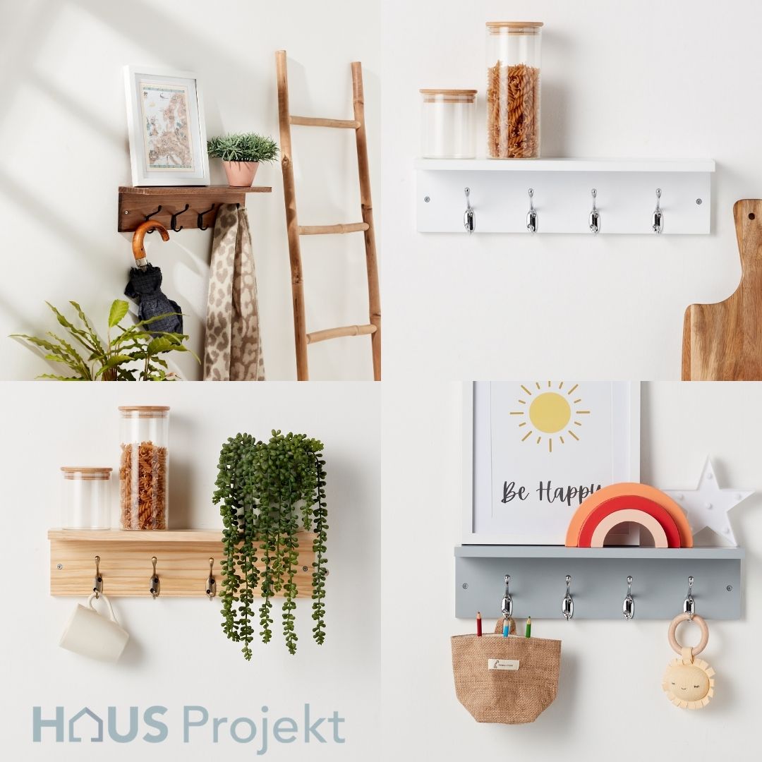 Haus Projekt Oak Stained Pine Shelf with 4 Black Hooks - 11.5H x 45W x 11.5D (cm)