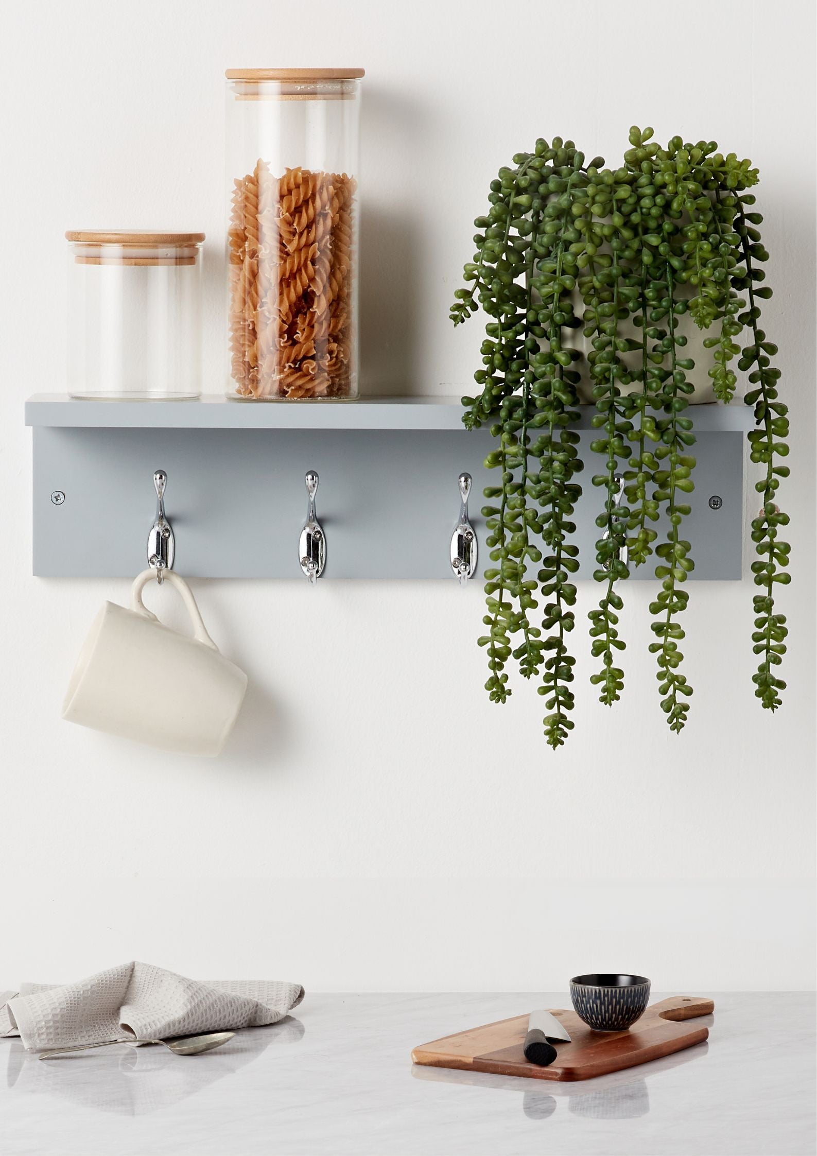 Haus Projekt Grey Shelf with 4 Silver Hooks - 11.5H x 45W x 11.5D (cm)