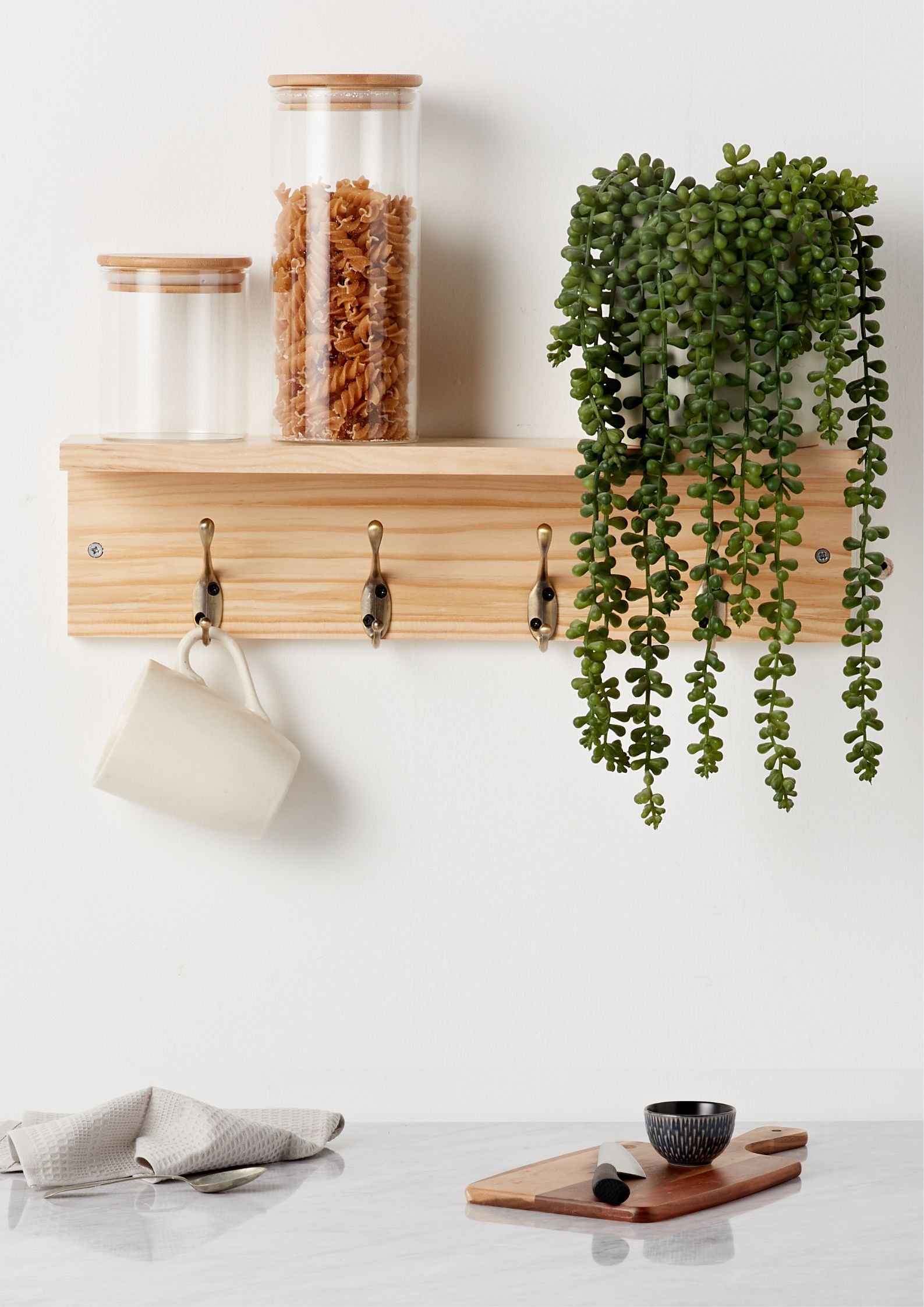 Haus Projekt Pine Shelf with 4 Brass Hooks - 11.5H x 45W x 11.5D (cm)