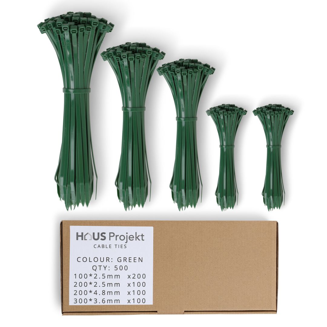 Haus Projekt Cable Ties 500 Pack Black/Green/White, Mixed Sizes (100x2.5mm, 200x2.5mm, 200x4.8, 300x3.6)