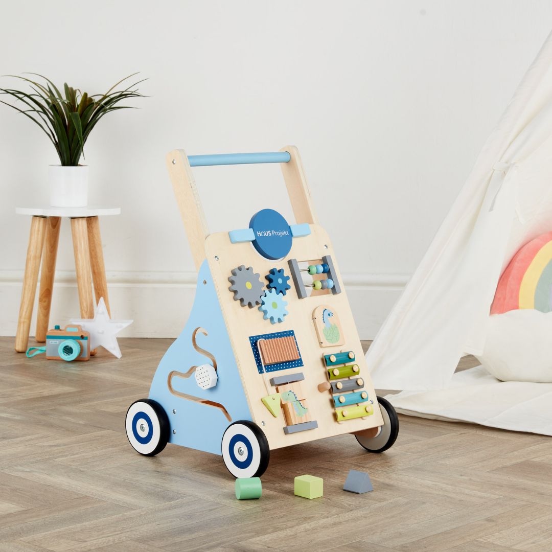 Haus Projekt Dino Wooden Baby Walker, Activity Cart for Babies & Toddlers with Sensory Toys
