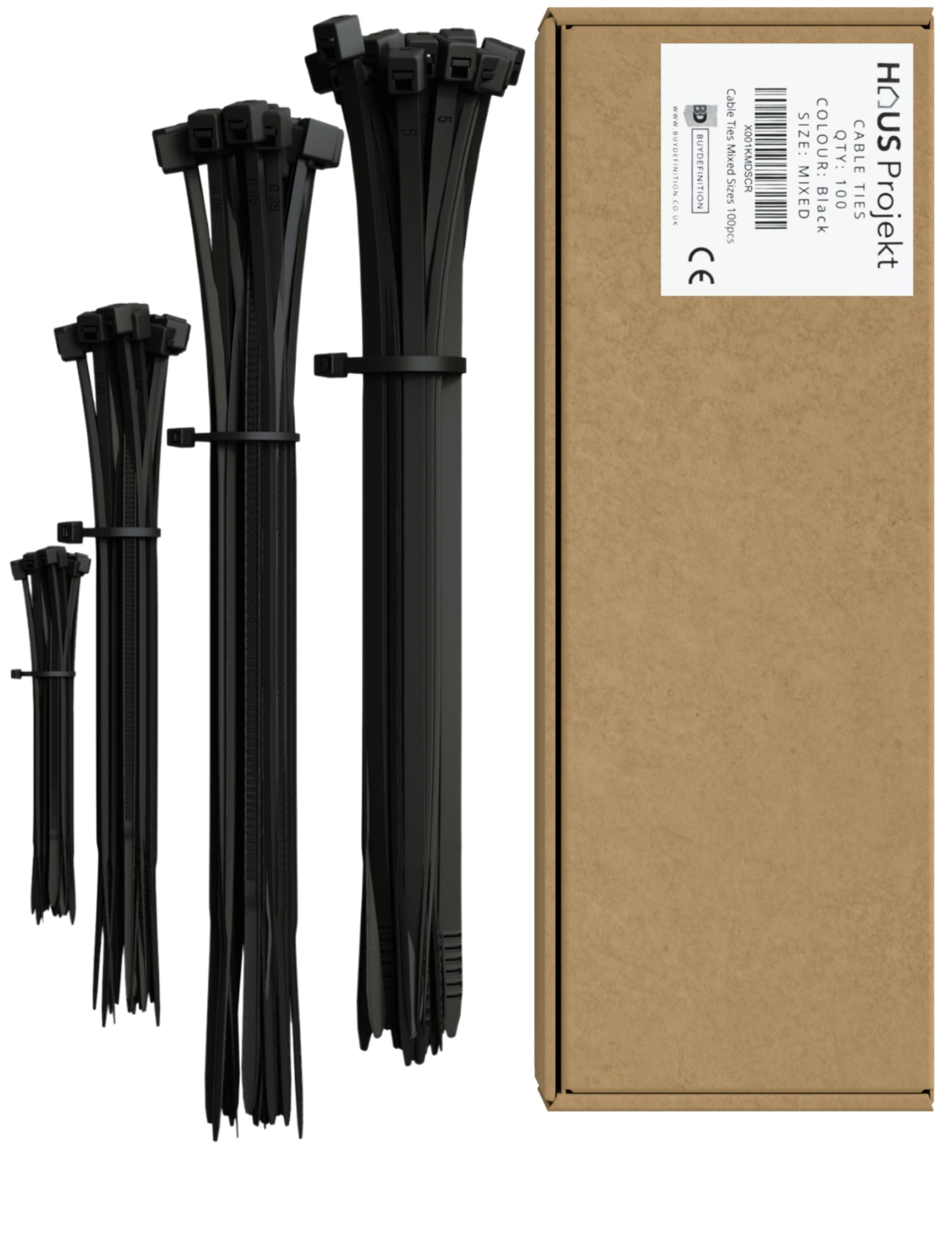 Haus Projekt Cable Ties 100 Pack Black, Mixed Sizes (100x2.5mm, 200x2.5mm, 300x3.6mm, 300x4.8mm)