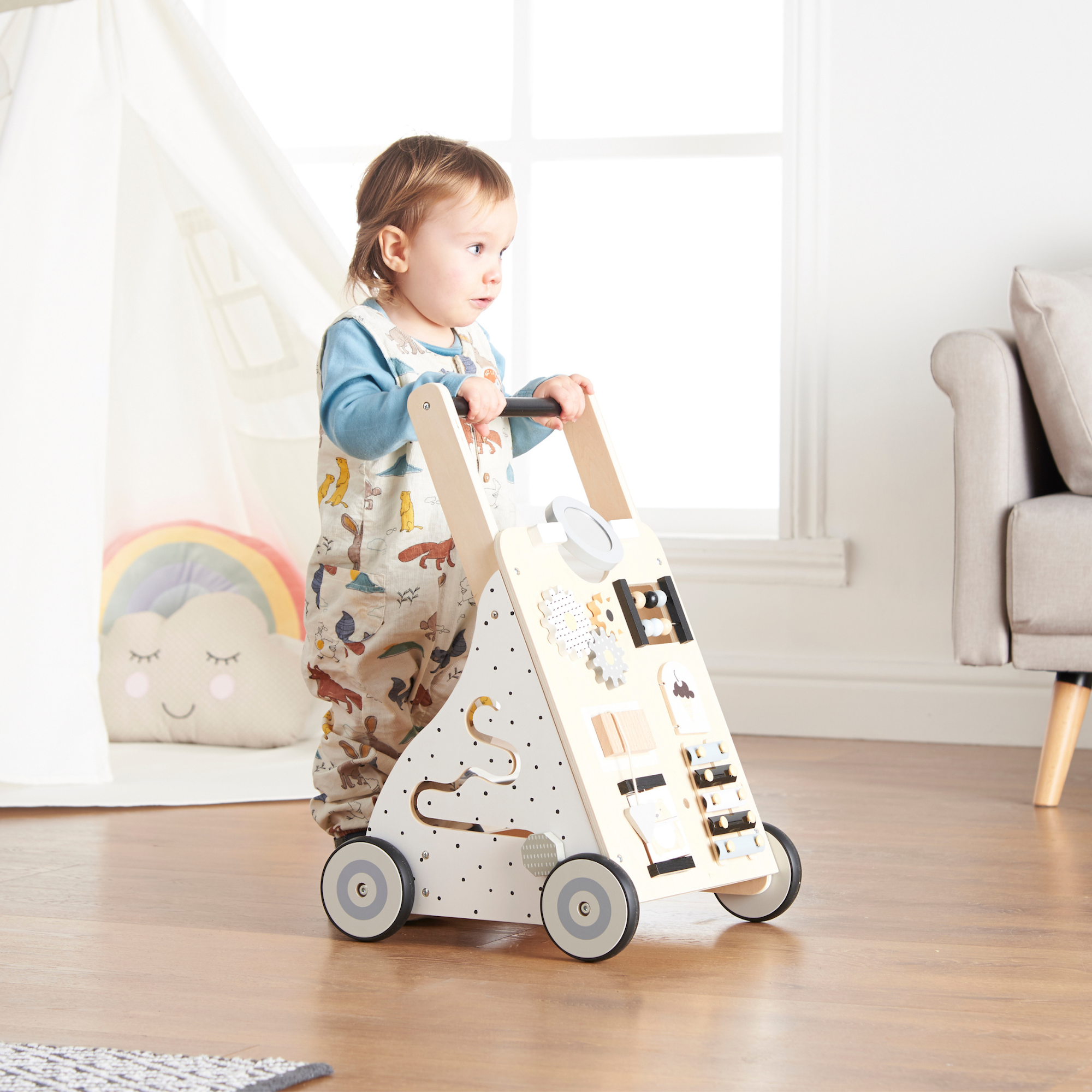 Haus Projekt Scandi Wooden Baby Walker, Activity Cart for Babies & Toddlers with Sensory Toys