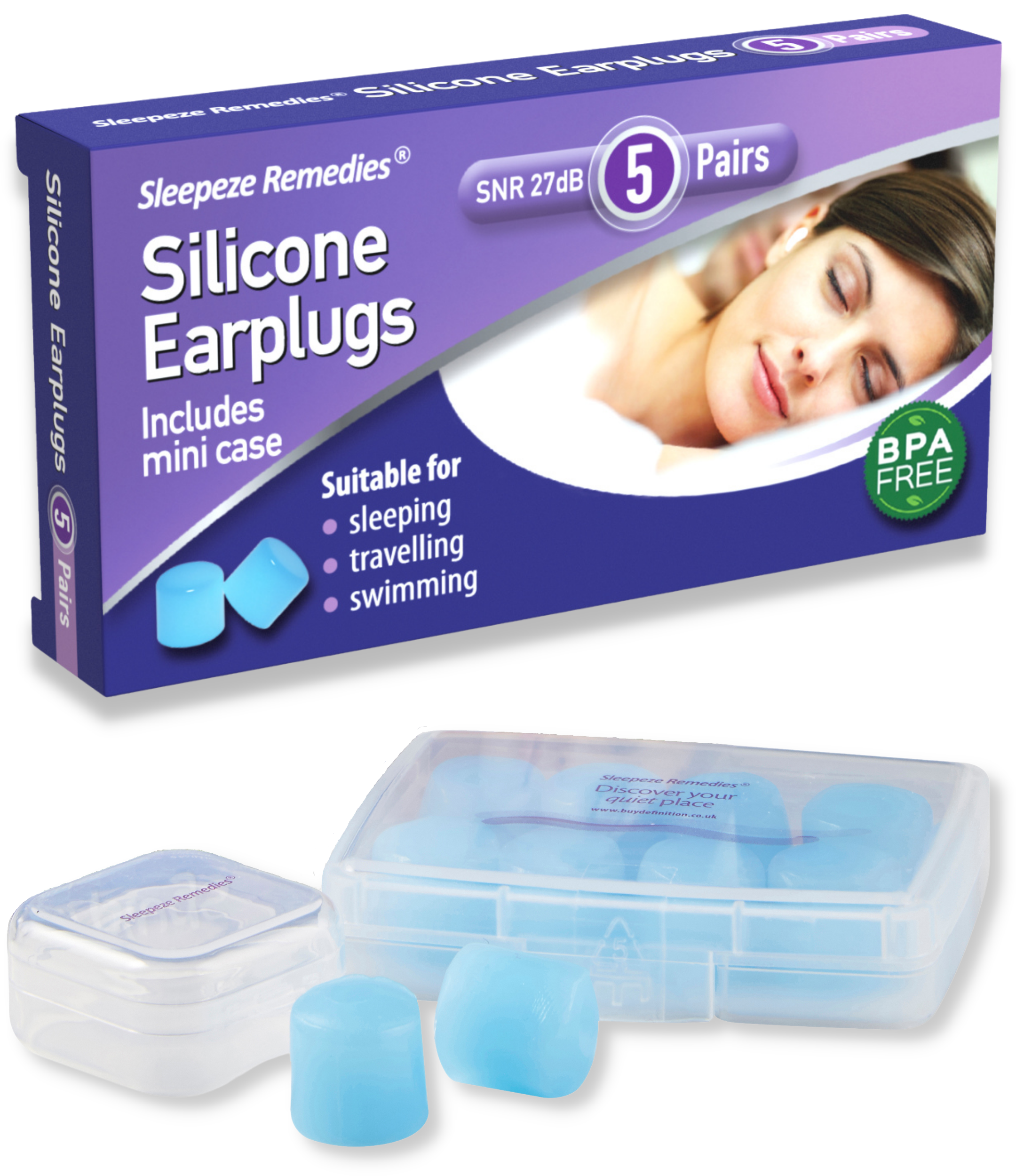 Sleepeze Remedies Noise Cancelling 27dB Reusable Silicone Earplugs with Mini Travel Case (5 and 10 packs)