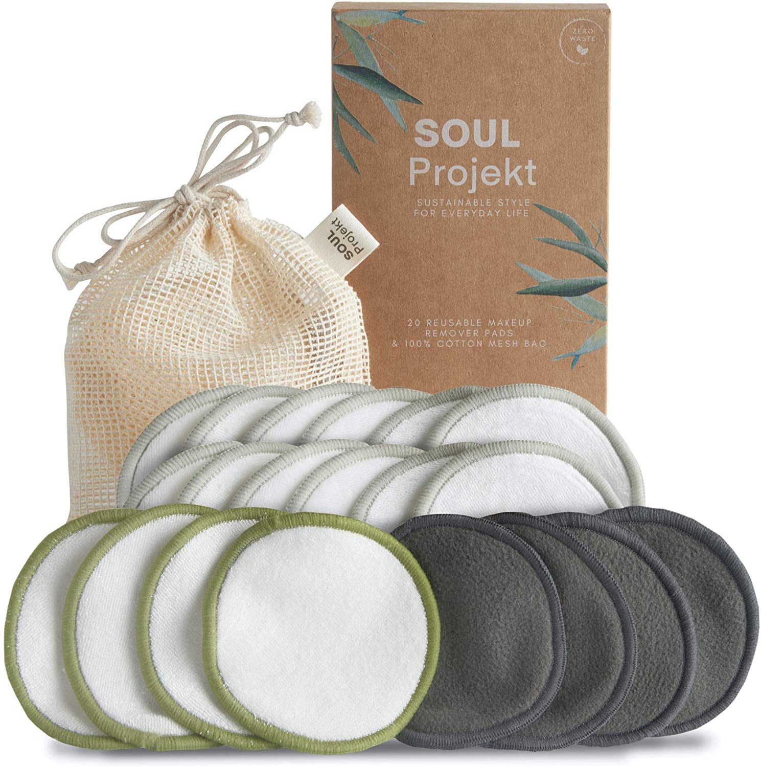 Soul Projekt Reusable Cotton Pads (20 Pack), 100% Organic Bamboo Cotton