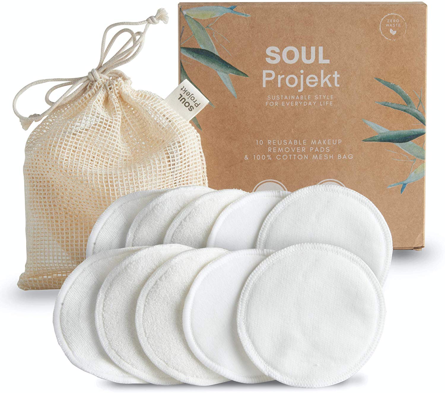 Soul Projekt Reusable Cotton Pads (10 Pack), 100% Organic Bamboo Cotton