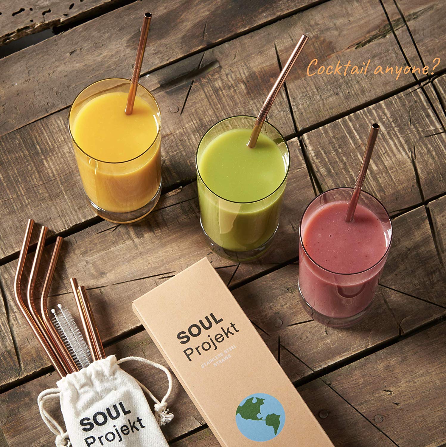Soul Projekt 8x Rose Gold Reusable Stainless Steel Straws with 2 x Cleaning Brush and Gift Pouch