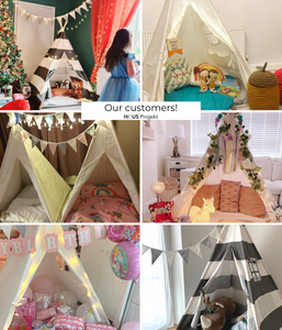 Haus Projekt Kids Grey Striped Teepee Tent with Fairy Lights and Bunting