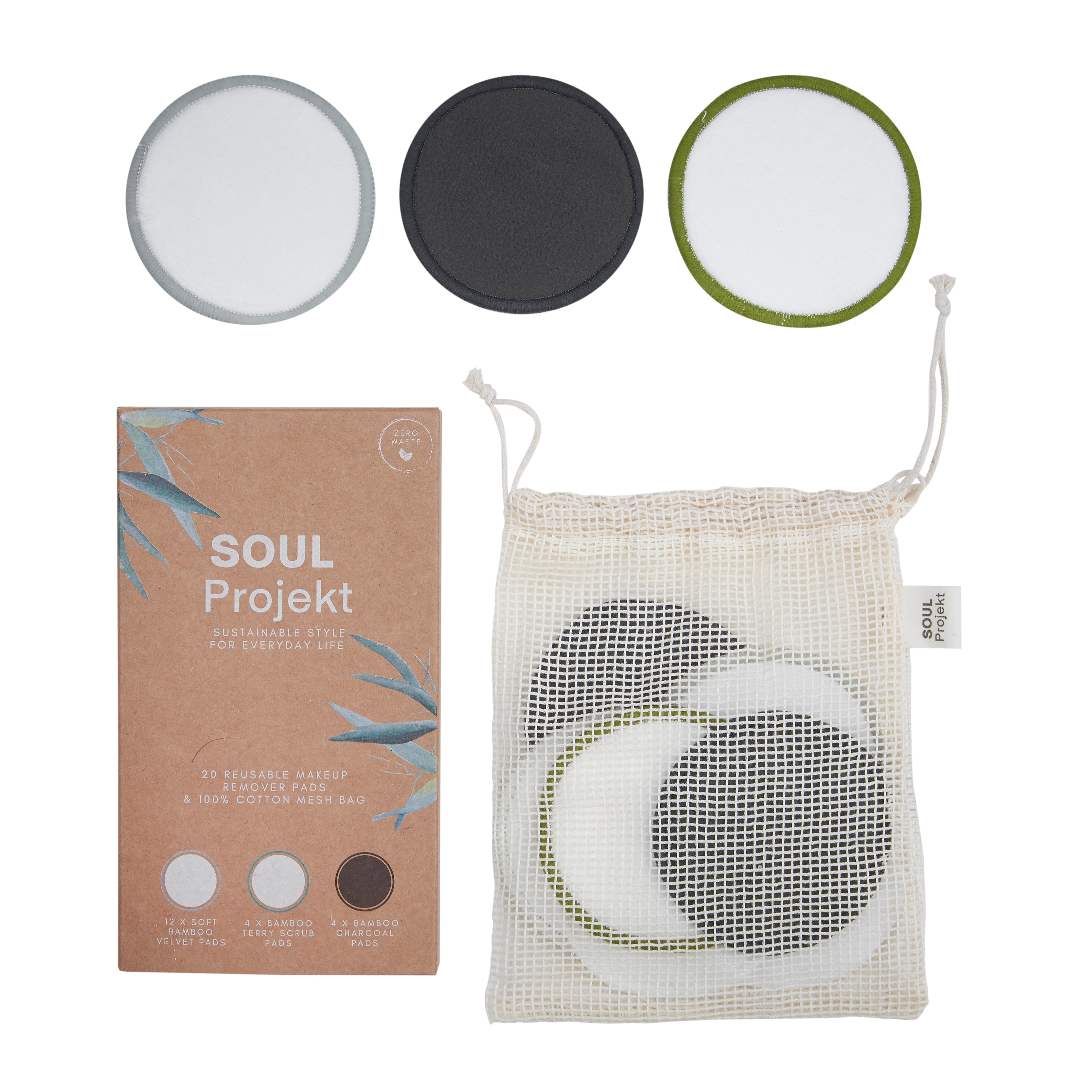 Soul Projekt Reusable Cotton Pads (20 Pack), 100% Organic Bamboo Cotton