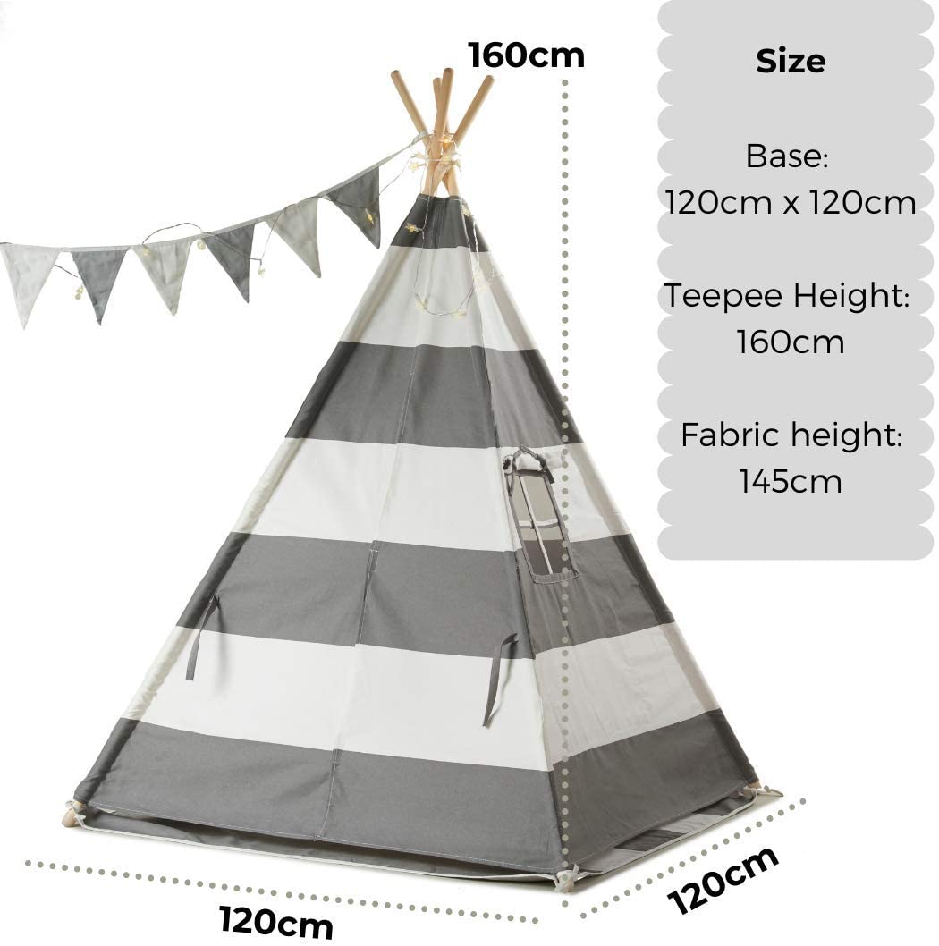 Haus Projekt Kids Grey Striped Teepee Tent with Fairy Lights and Bunting